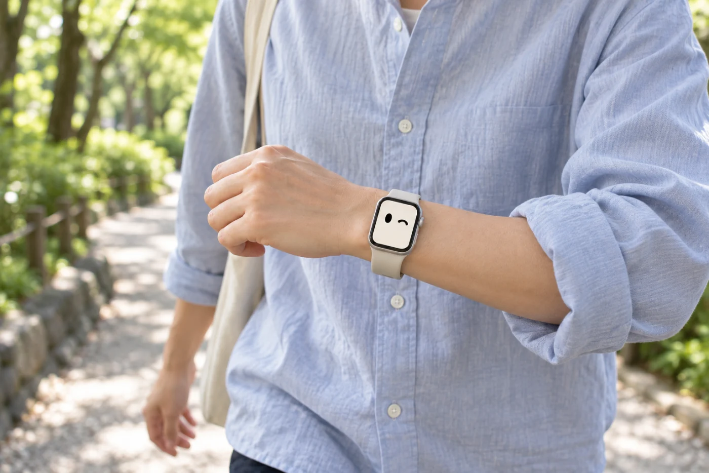 散歩をする人の手首で、mokuが片目を開けてウィンクしているApple Watchのイメージ