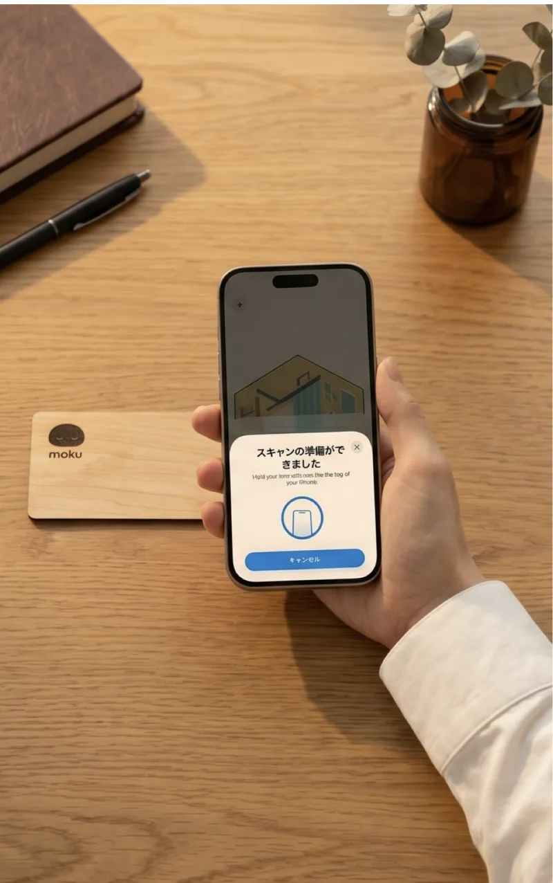 mokuデバイスにスマホをかざしてスキャンする様子