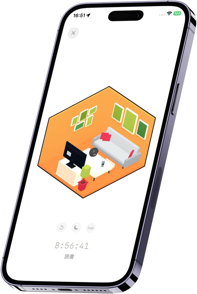 集中している画面。3Dの部屋でmokuが過ごしている