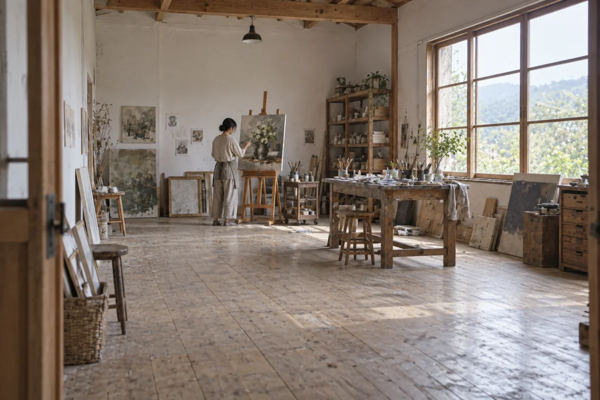 絵の具やキャンバスが並ぶアトリエを広く見渡し、奥で絵を描く人を写した風景
