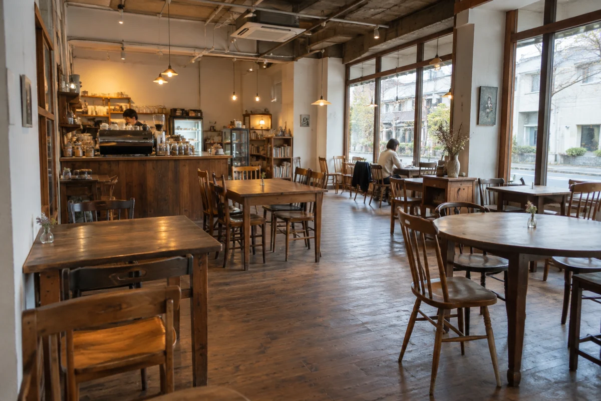 窓際の席やテーブル、奥のカウンターまで見渡せるカフェの店内