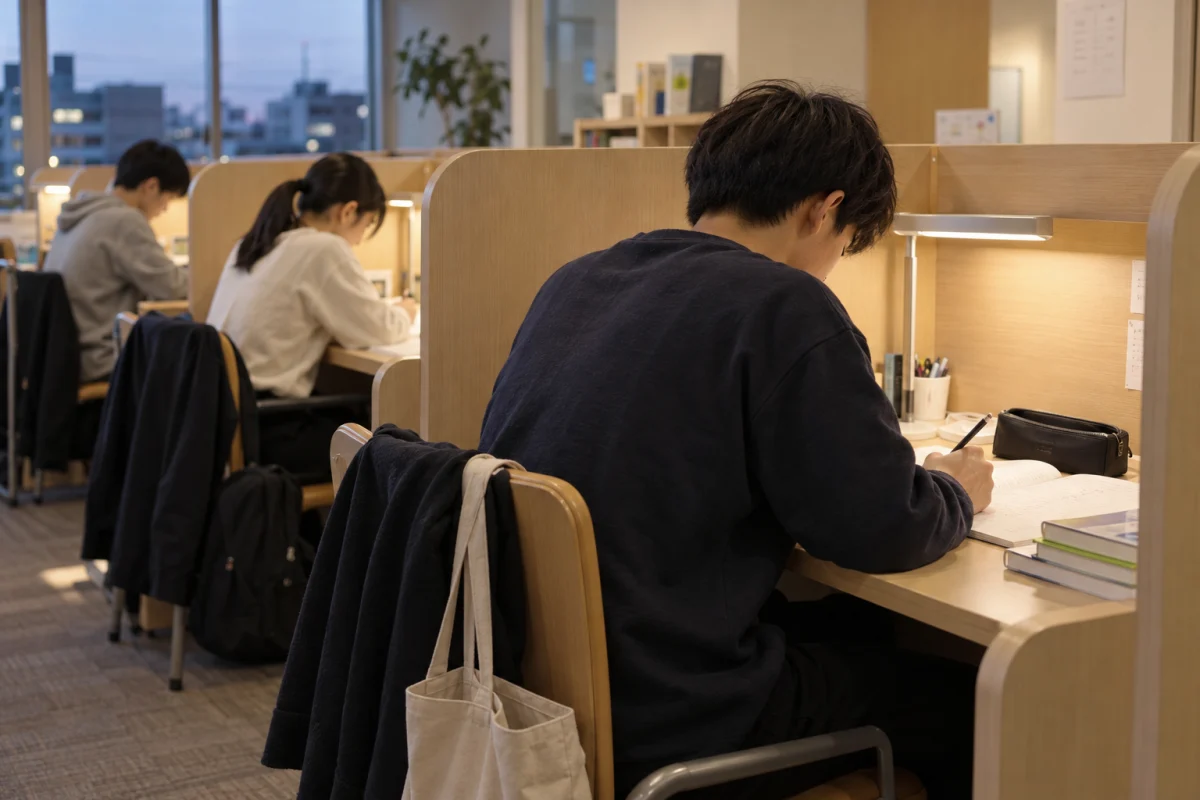 塾の仕切られた自習席で、問題集に取り組む生徒たち