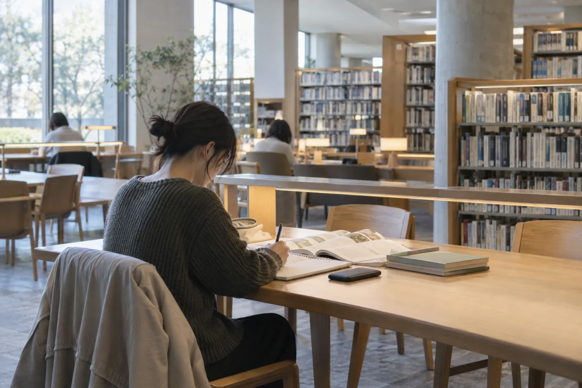 図書館の本棚に囲まれたデスクで、ノートを取りながら勉強する人