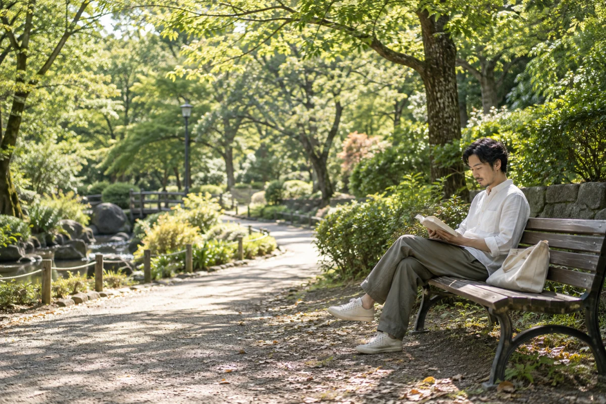 緑に囲まれた公園のベンチで、本を読む人