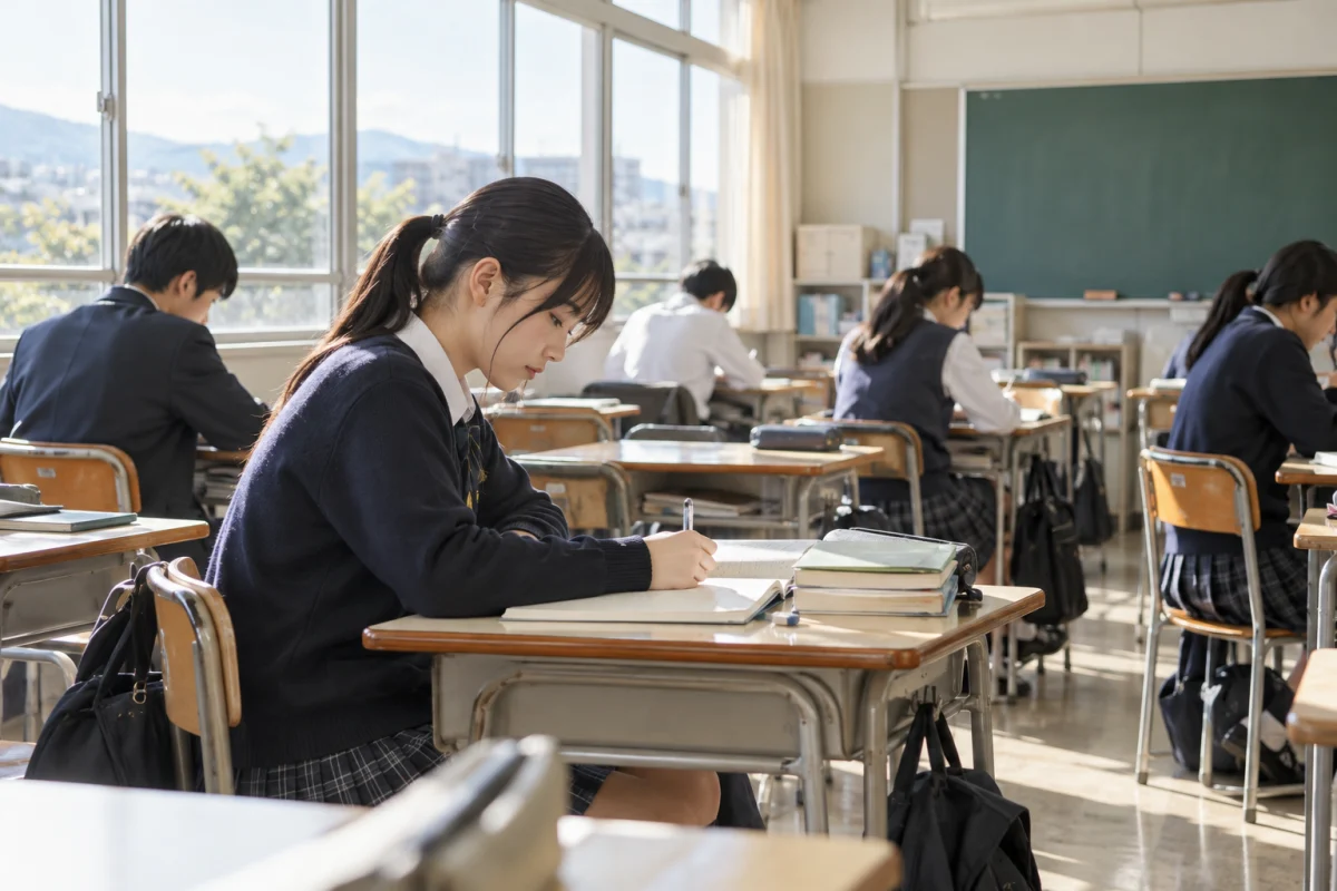 放課後の学校の自習室で、それぞれの机に向かい勉強する生徒たち