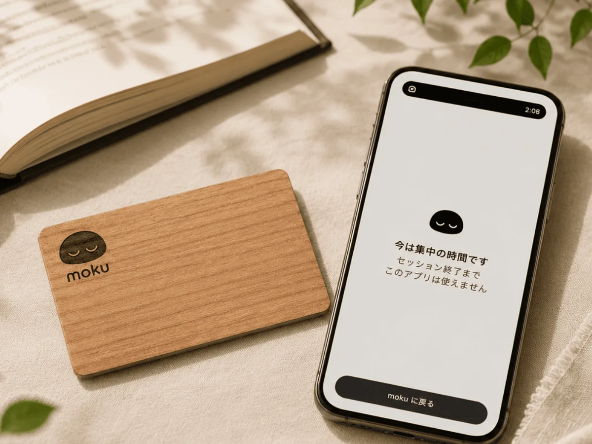 木製のmokuカードと、集中モード中のスマホ