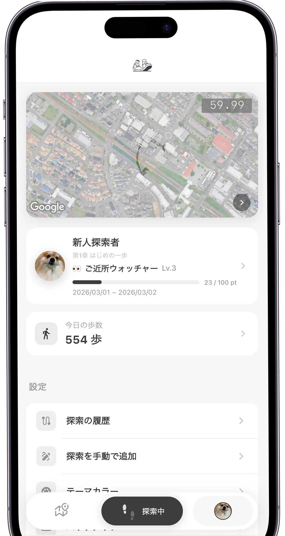 歩いた距離でレベルアップ